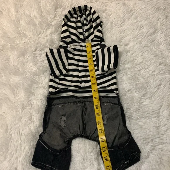 Dog One Pc Fashion Outfit Denim Overall Striped Hoodie Size Large - Picture 3 of 4